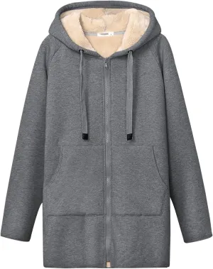 Gihuo Women's Winter Coat Sherpa Lined Zip Hoodie Long Sweatshirt Warm Fleece Lining Heavyweight Hooded Jacket