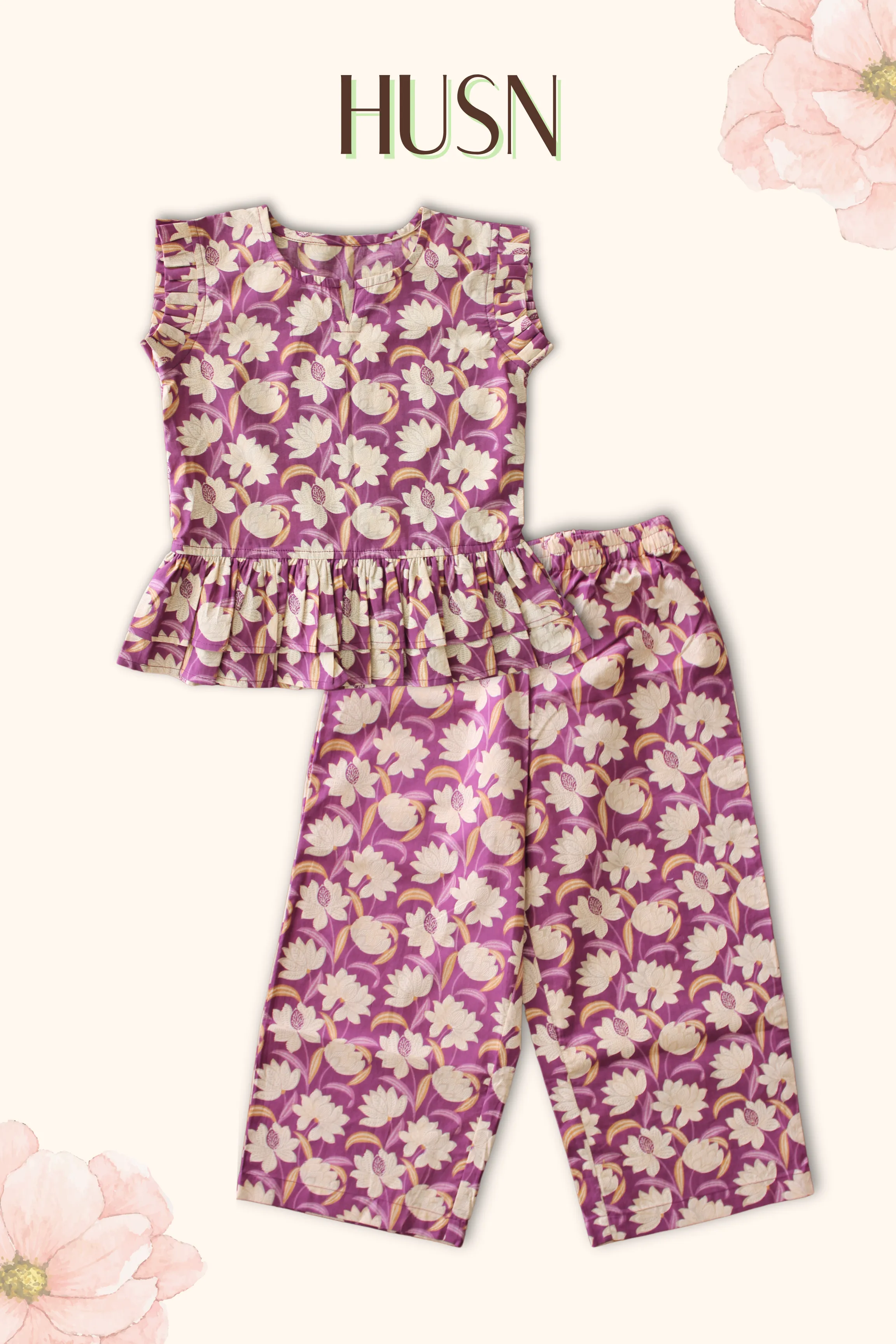 Girls Husn Pure Cotton Clothing Set - Purple