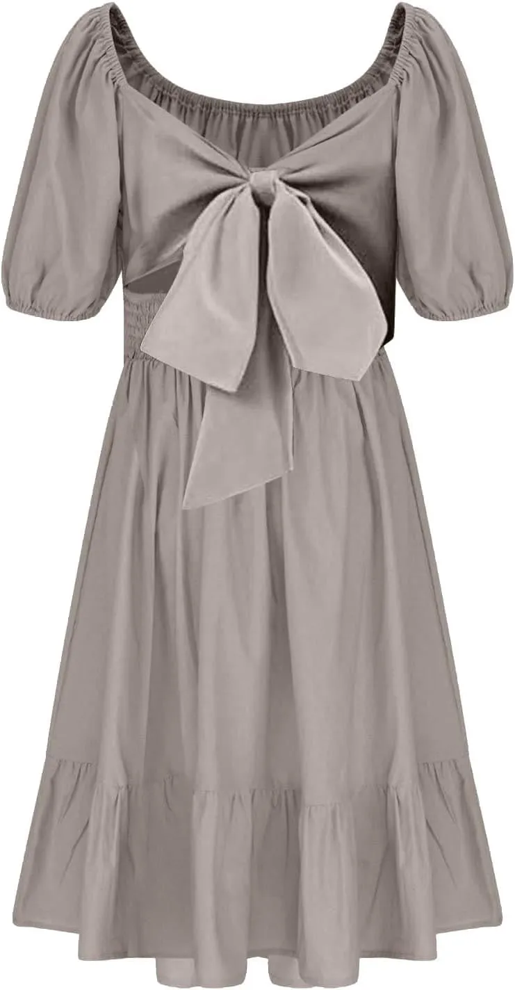 Girls Summer Dresses Square Neck Lantern Sleeve Mini Dress Tie Backless Ruffle A-Line Sundress