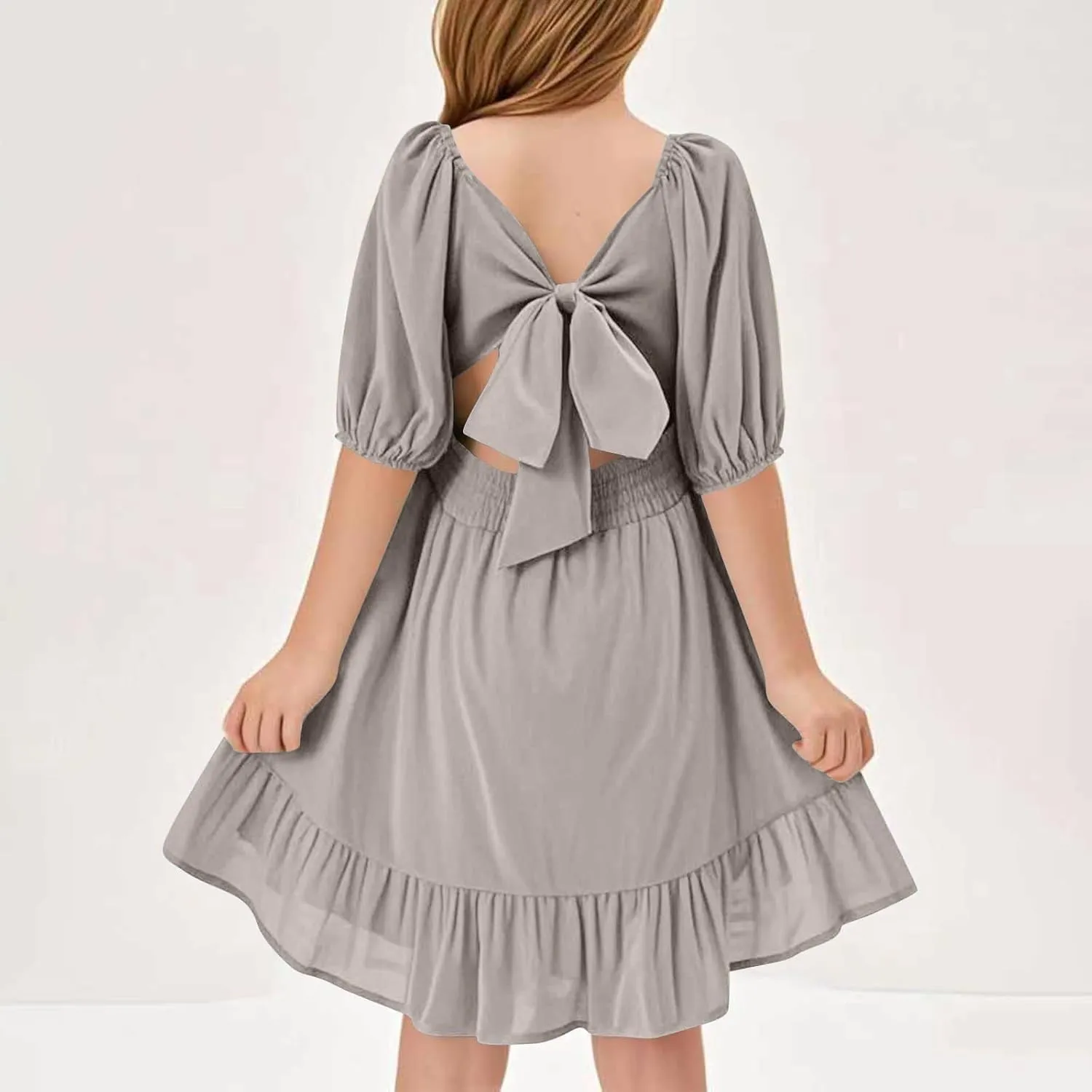 Girls Summer Dresses Square Neck Lantern Sleeve Mini Dress Tie Backless Ruffle A-Line Sundress