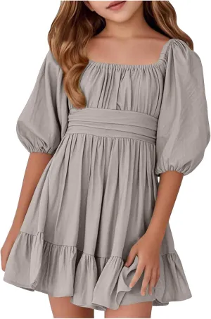 Girls Summer Dresses Square Neck Lantern Sleeve Mini Dress Tie Backless Ruffle A-Line Sundress