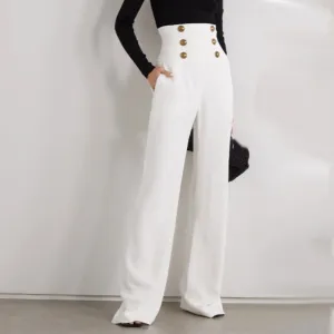 HarleyFashion New Trendy Women Summer Elegant Empaire Waist Buttons Full Length Solid Casual White Wide-leg Pants