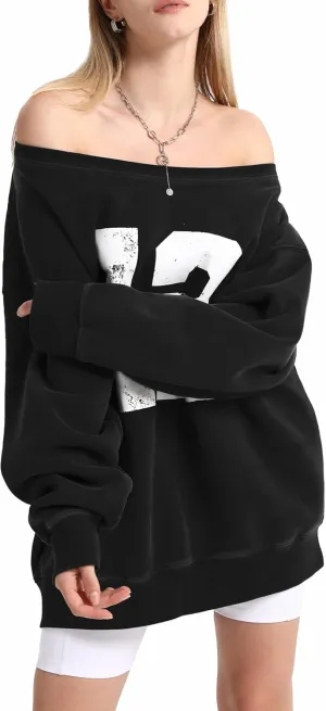 Hatant Off the Shoulder Sweatshirts Womens Graphic Hoodies Jersey Sweatshirts Off Shoulder Sweat Pullover Hoodies for Women