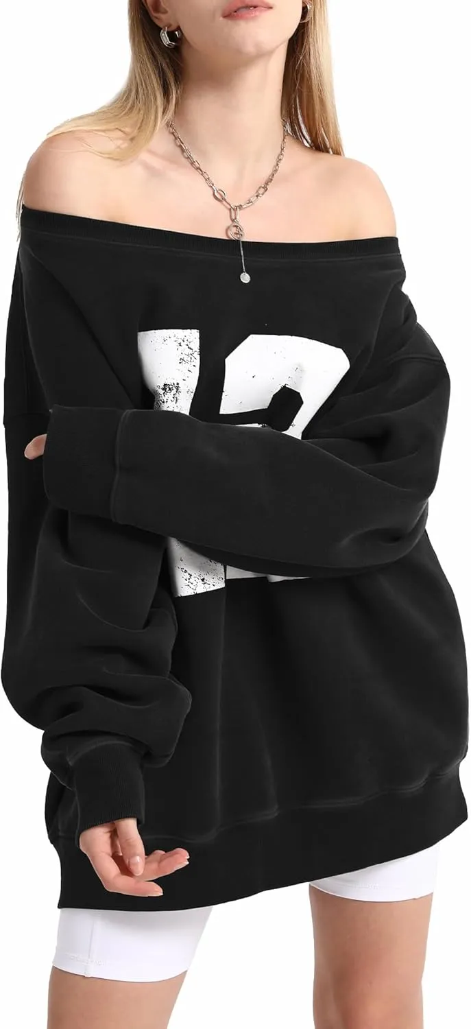 Hatant Off the Shoulder Sweatshirts Womens Graphic Hoodies Jersey Sweatshirts Off Shoulder Sweat Pullover Hoodies for Women