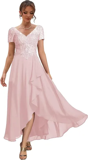 High Low Mother of The Bride Dresses with Sleeves Lace Formal Party Dress V Neck Evening Gowns for Women