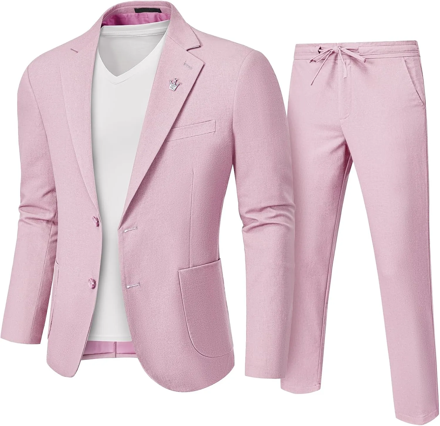 Hihawk Men's Linen Suit 2 Pieces Regular Fit, Two Buttons Lightweight Jacket and Pants for Beach Wedding, Summer Time, Prom
