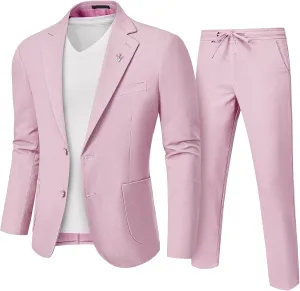 Hihawk Men's Linen Suit 2 Pieces Regular Fit, Two Buttons Lightweight Jacket and Pants for Beach Wedding, Summer Time, Prom