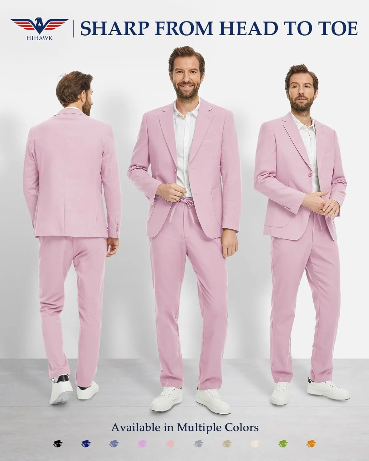 Hihawk Men's Linen Suit 2 Pieces Regular Fit, Two Buttons Lightweight Jacket and Pants for Beach Wedding, Summer Time, Prom