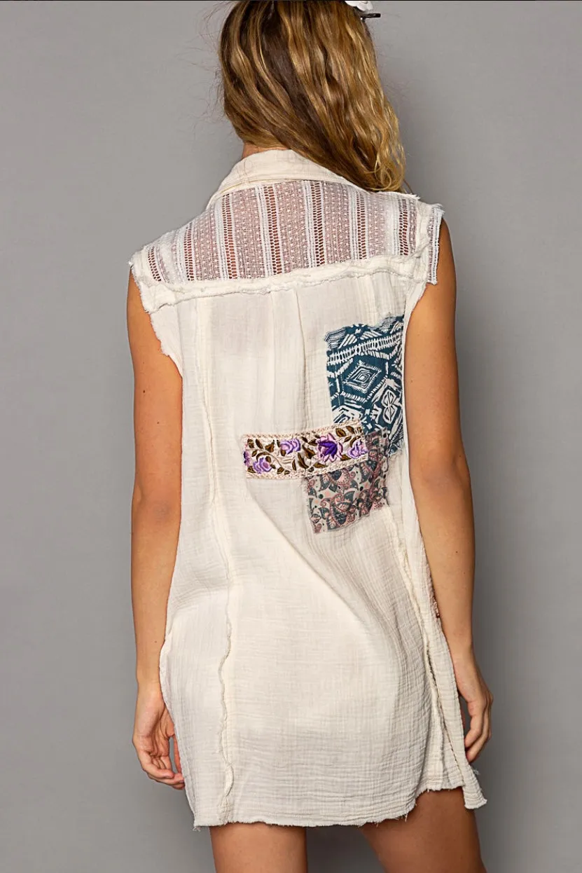 Hit The Streets Double Gauze Patchwork Button Down Vest Dress
