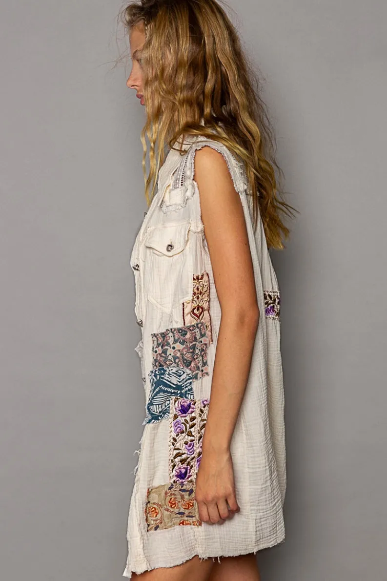 Hit The Streets Double Gauze Patchwork Button Down Vest Dress