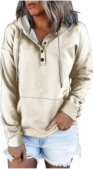 Hoodies for Women Drawstring Long SleeveSweatshirt Casual Button Down Pullover Top Spring Fall Clothes with Pocket
