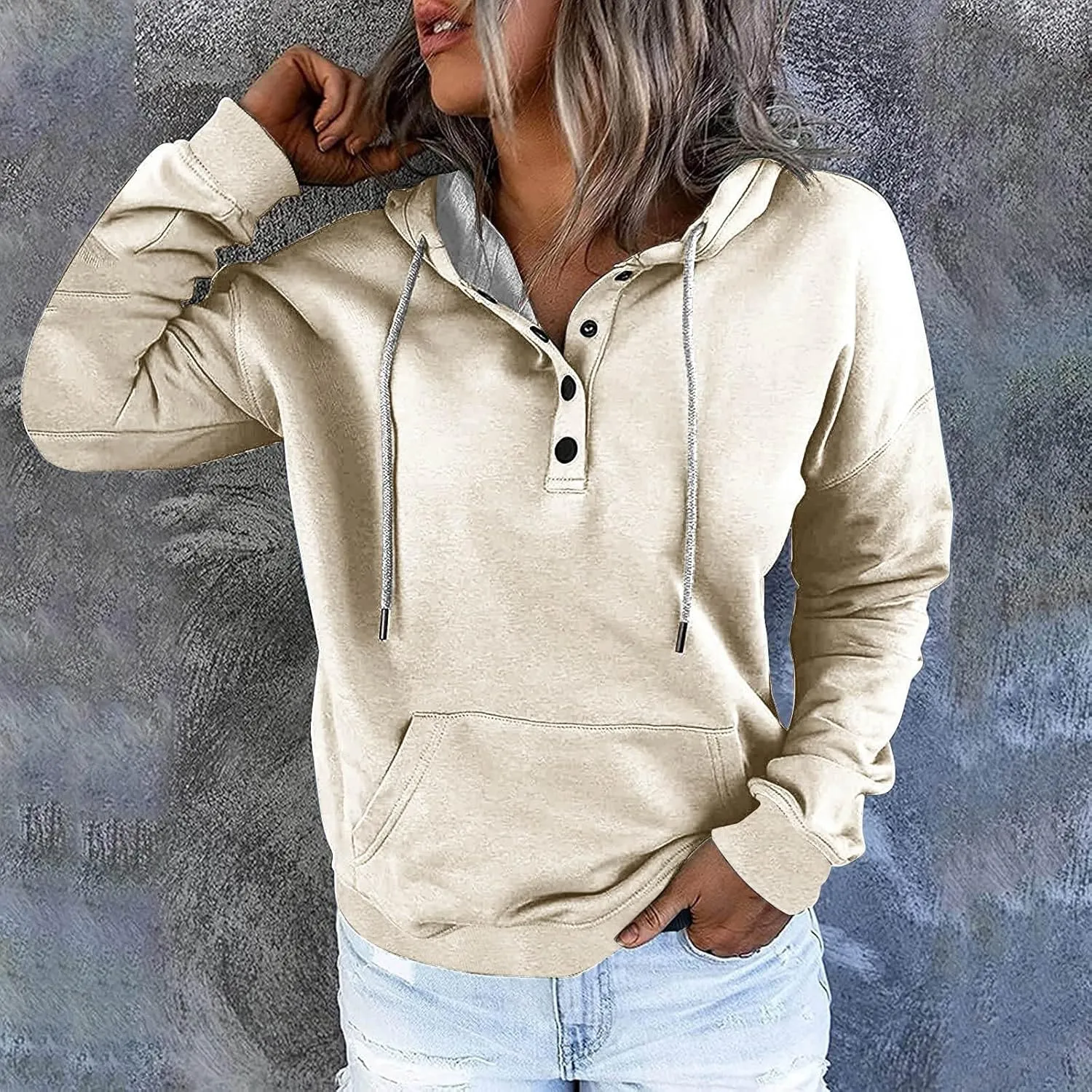 Hoodies for Women Drawstring Long SleeveSweatshirt Casual Button Down Pullover Top Spring Fall Clothes with Pocket