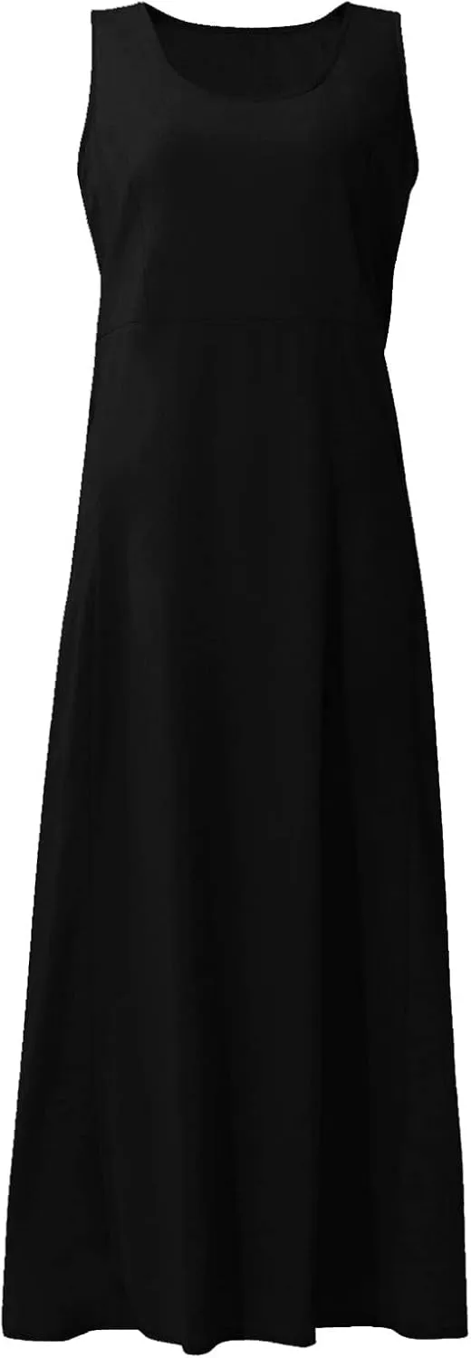 HXHYQKP Dress for Women 2024 Summer Tank Dress Sleeveless Loose Scoop Neck Long Flowy Beach Swing Sundress with Pocket