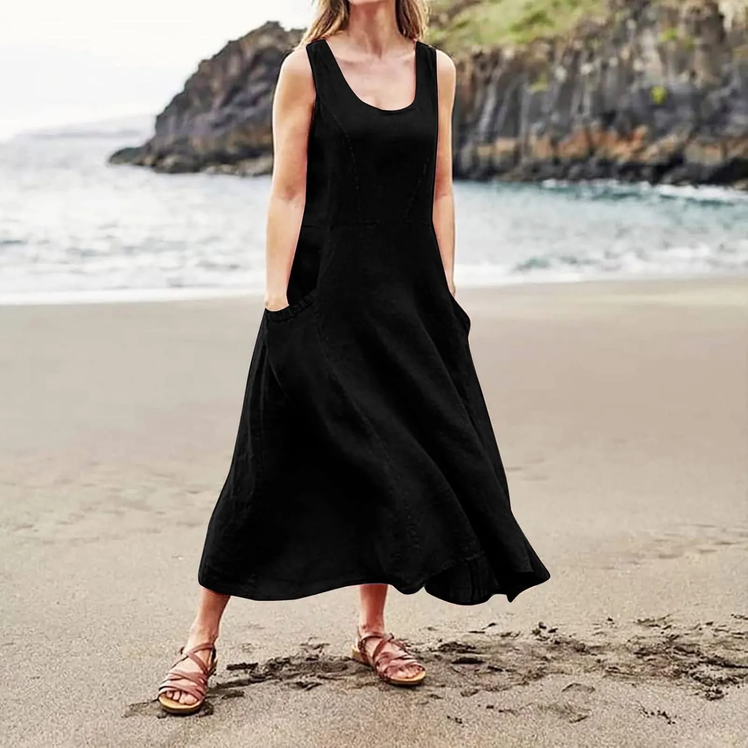 HXHYQKP Dress for Women 2024 Summer Tank Dress Sleeveless Loose Scoop Neck Long Flowy Beach Swing Sundress with Pocket