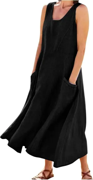 HXHYQKP Dress for Women 2024 Summer Tank Dress Sleeveless Loose Scoop Neck Long Flowy Beach Swing Sundress with Pocket