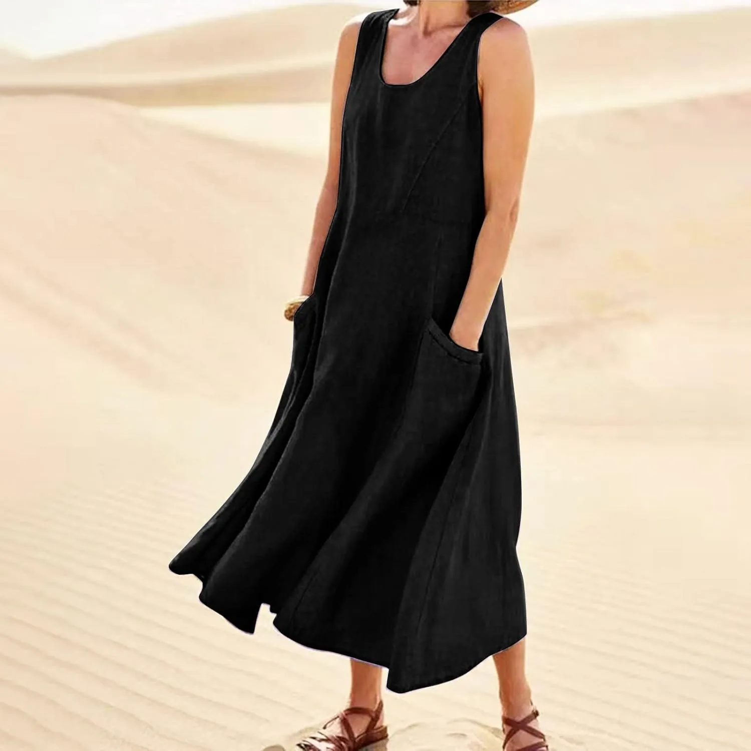 HXHYQKP Dress for Women 2024 Summer Tank Dress Sleeveless Loose Scoop Neck Long Flowy Beach Swing Sundress with Pocket
