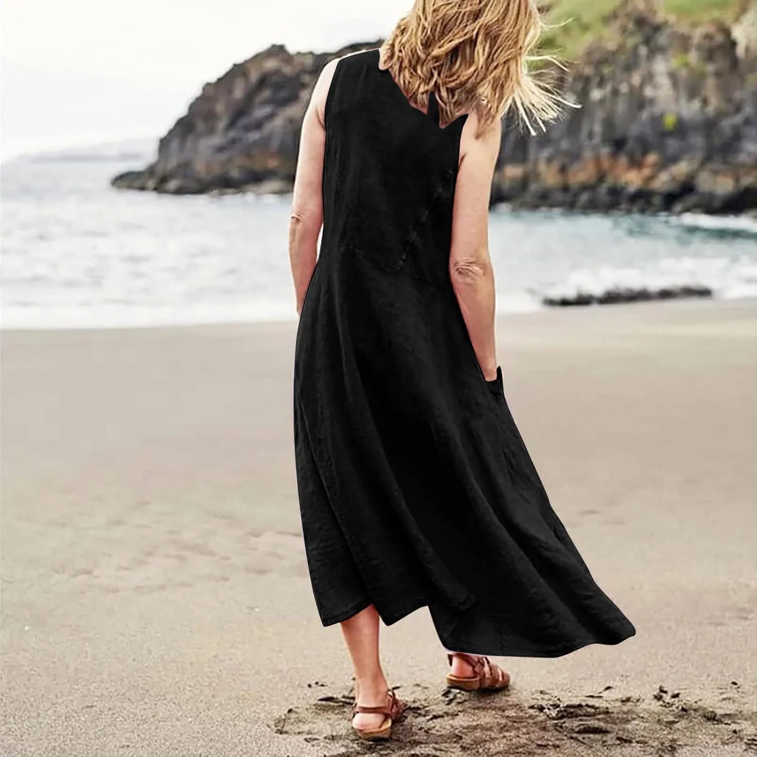 HXHYQKP Dress for Women 2024 Summer Tank Dress Sleeveless Loose Scoop Neck Long Flowy Beach Swing Sundress with Pocket
