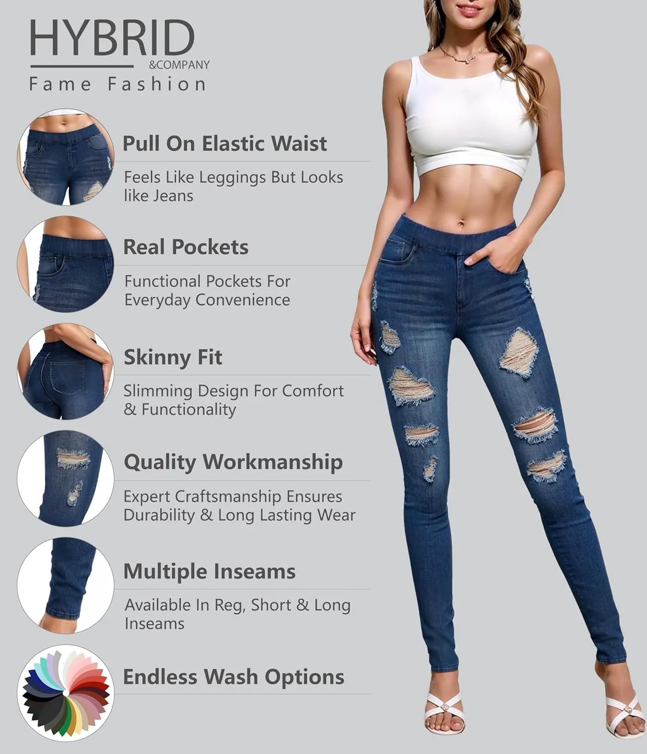 Hybrid & Company Women's Pull On Stretchy Mid Rise Skinny Fit Pants Regular or Distressed Jeans with Long Short Inseam
