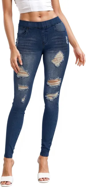 Hybrid & Company Women's Pull On Stretchy Mid Rise Skinny Fit Pants Regular or Distressed Jeans with Long Short Inseam