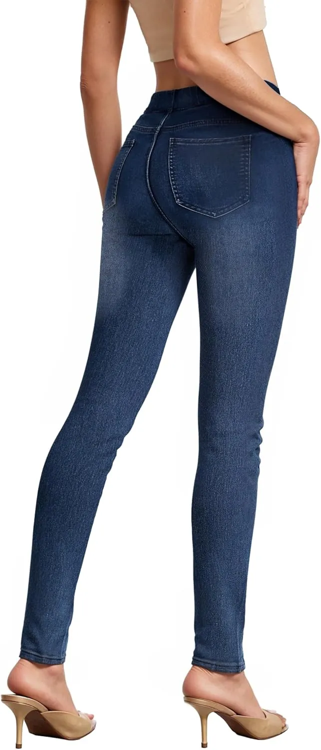 Hybrid & Company Women's Pull On Stretchy Mid Rise Skinny Fit Pants Regular or Distressed Jeans with Long Short Inseam
