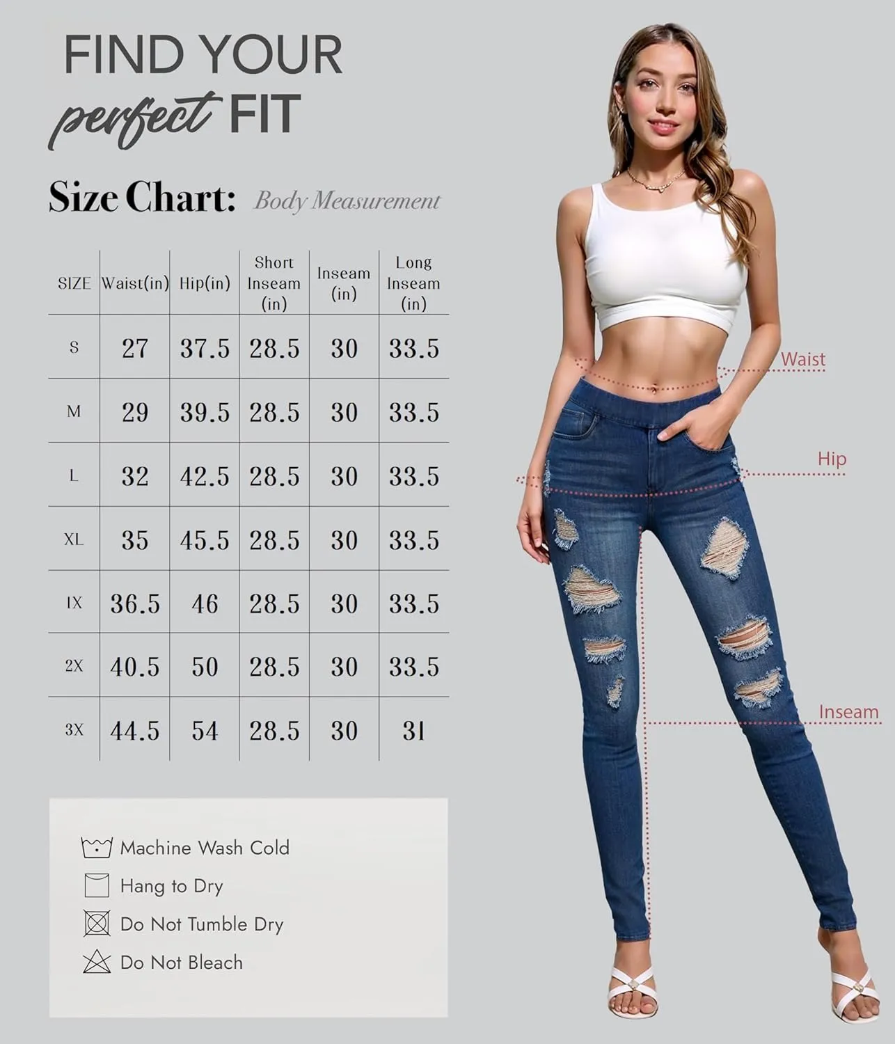 Hybrid & Company Women's Pull On Stretchy Mid Rise Skinny Fit Pants Regular or Distressed Jeans with Long Short Inseam