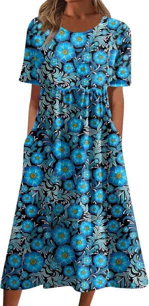 JJHAEVDY Dresses for Women Short Sleeve Crewneck Midi Dress High Waist Printed Dresses Loose Boho Dress Flowy Summer Dresses