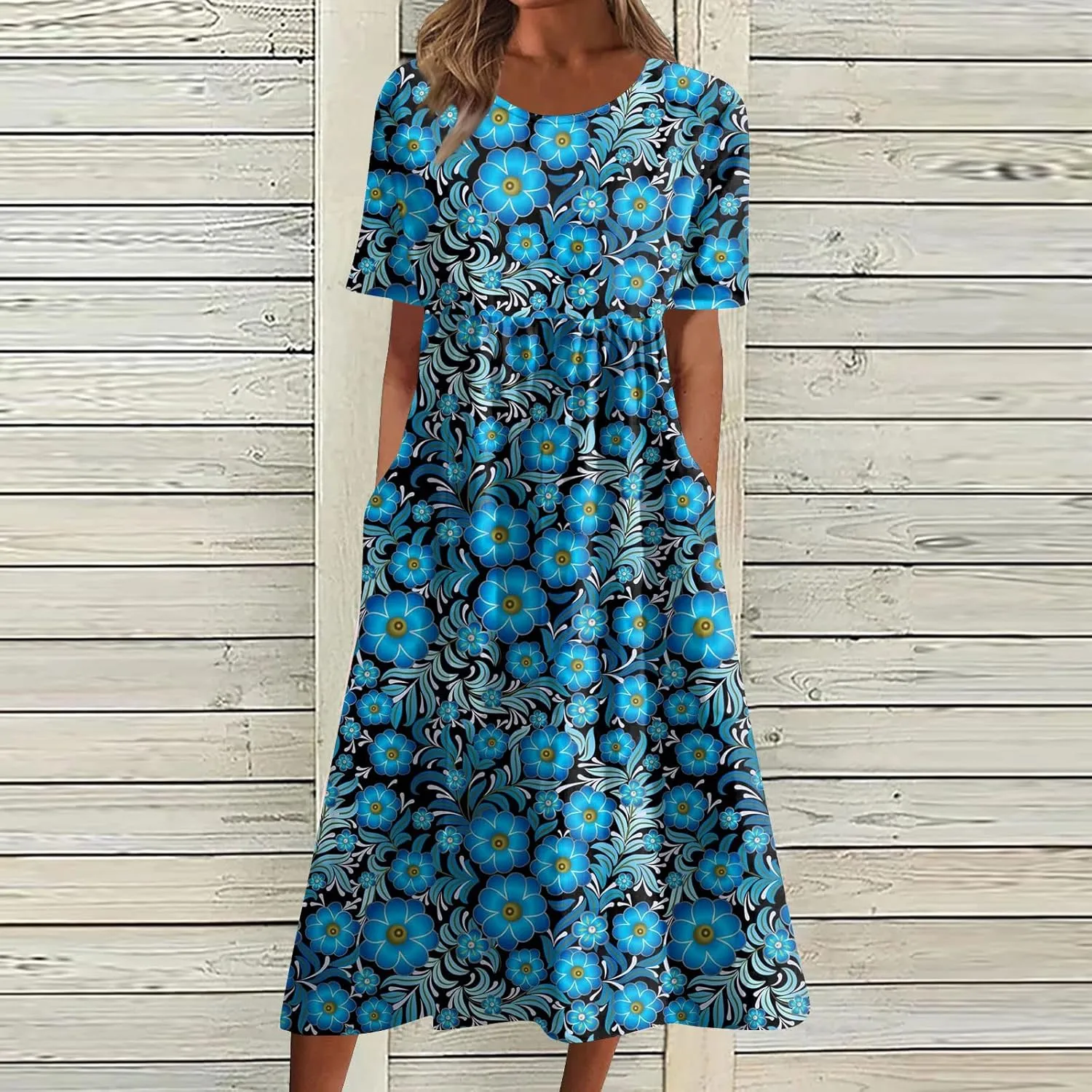 JJHAEVDY Dresses for Women Short Sleeve Crewneck Midi Dress High Waist Printed Dresses Loose Boho Dress Flowy Summer Dresses