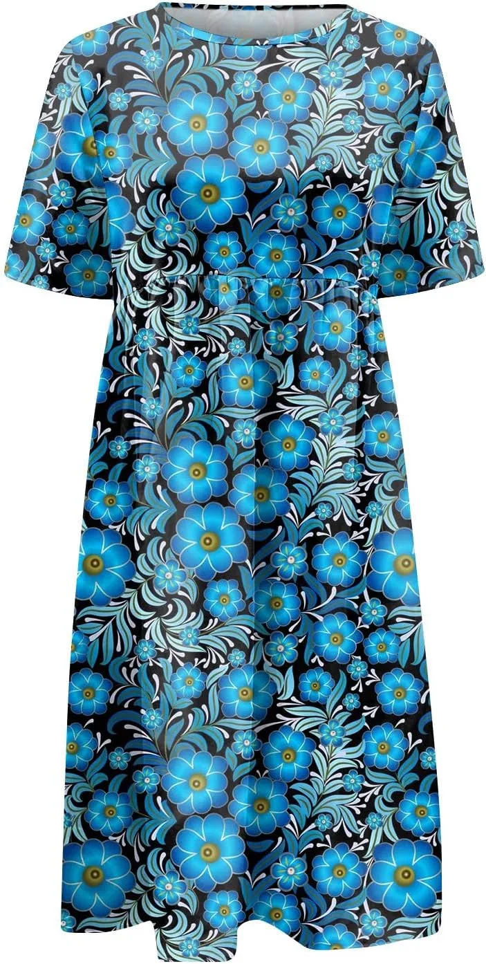 JJHAEVDY Dresses for Women Short Sleeve Crewneck Midi Dress High Waist Printed Dresses Loose Boho Dress Flowy Summer Dresses