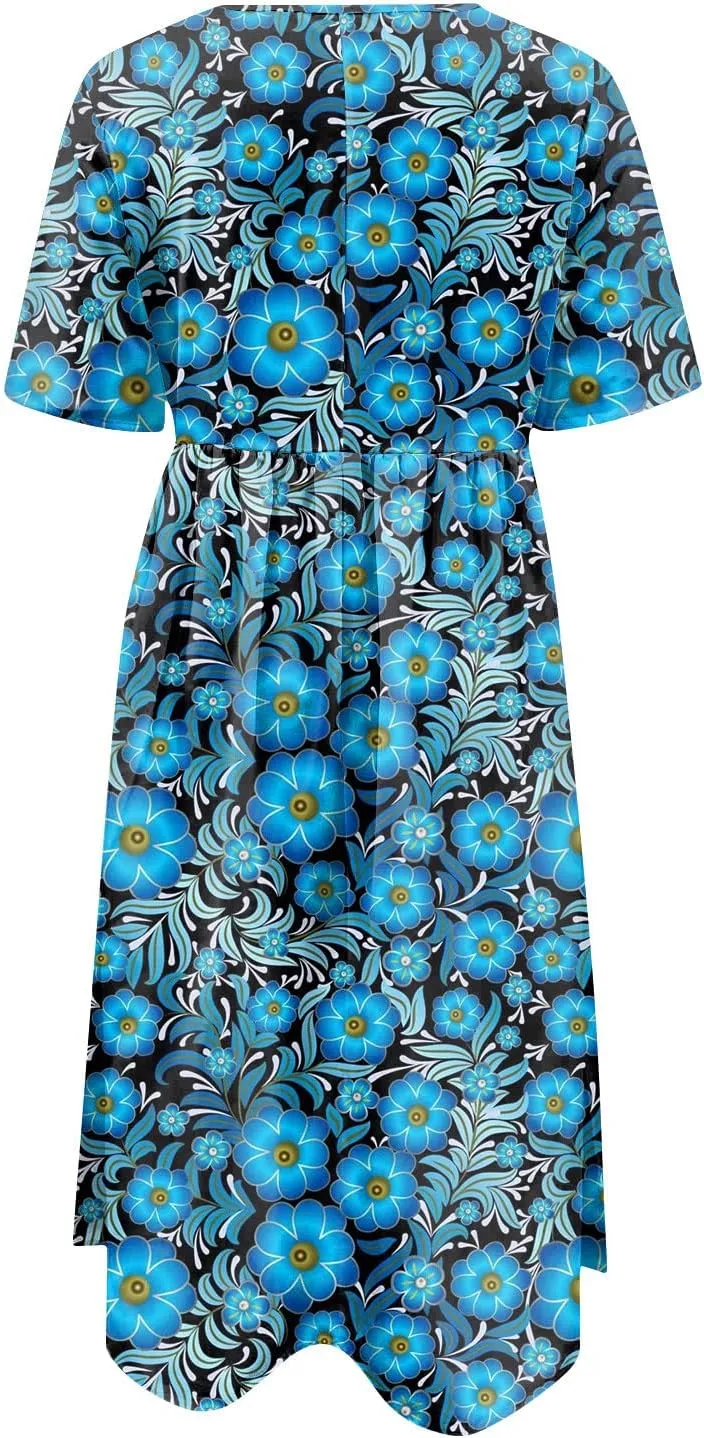 JJHAEVDY Dresses for Women Short Sleeve Crewneck Midi Dress High Waist Printed Dresses Loose Boho Dress Flowy Summer Dresses
