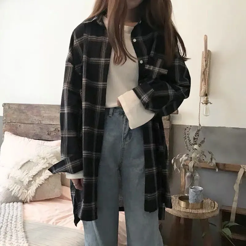 Joskaa Shirts Women Plaid Long Sleeve Chic Loose Oversize Spring Summer Outwear Casual Womens Sun-proof BF Retro Harajuku Blouses New