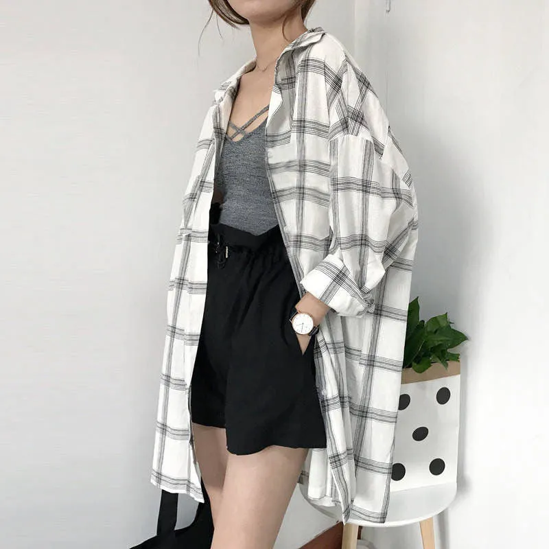 Joskaa Shirts Women Plaid Long Sleeve Chic Loose Oversize Spring Summer Outwear Casual Womens Sun-proof BF Retro Harajuku Blouses New