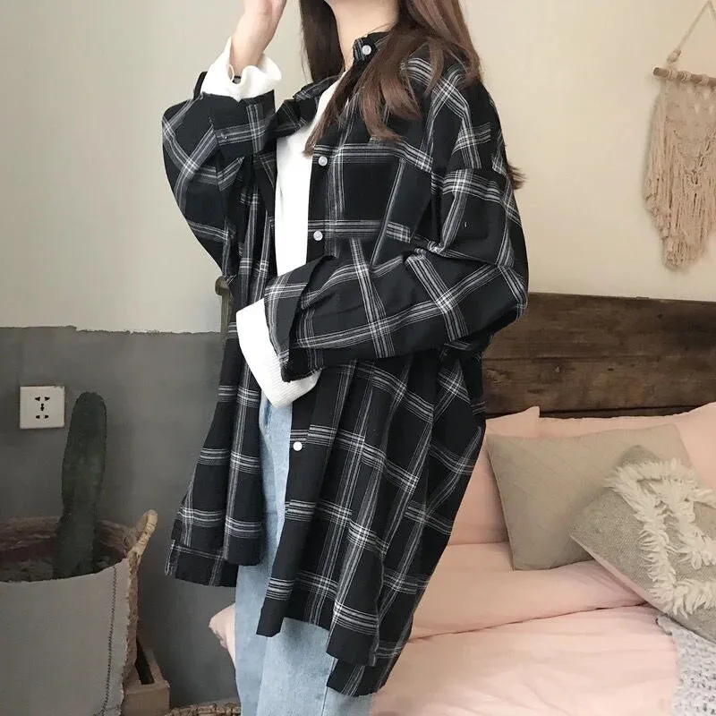 Joskaa Shirts Women Plaid Long Sleeve Chic Loose Oversize Spring Summer Outwear Casual Womens Sun-proof BF Retro Harajuku Blouses New