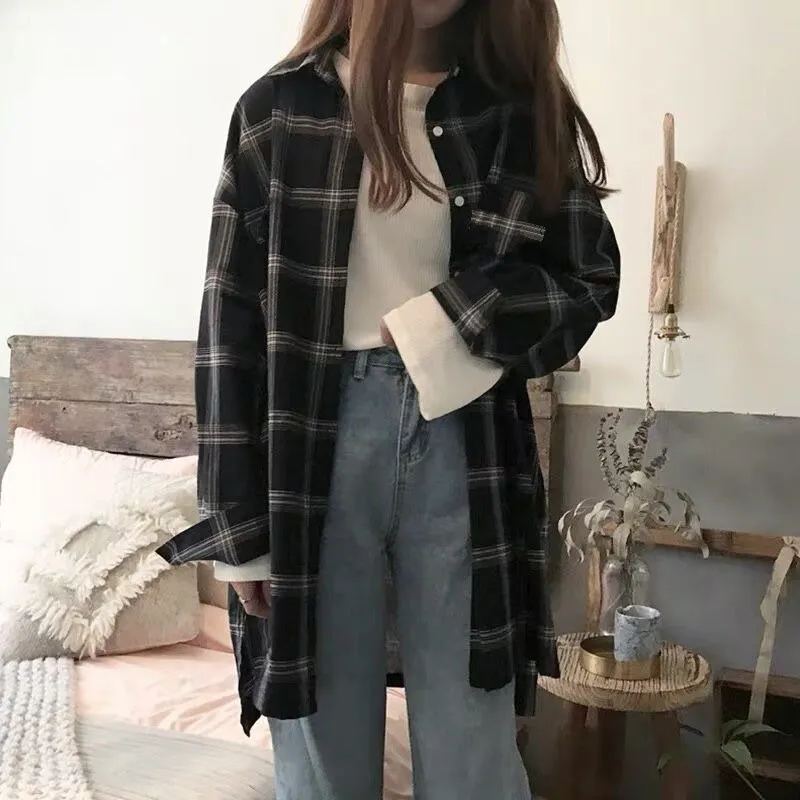 Joskaa Shirts Women Plaid Long Sleeve Chic Loose Oversize Spring Summer Outwear Casual Womens Sun-proof BF Retro Harajuku Blouses New