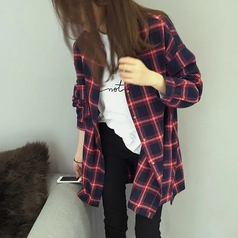Joskaa Shirts Women Plaid Long Sleeve Chic Loose Oversize Spring Summer Outwear Casual Womens Sun-proof BF Retro Harajuku Blouses New