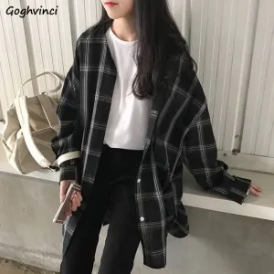Joskaa Shirts Women Plaid Long Sleeve Chic Loose Oversize Spring Summer Outwear Casual Womens Sun-proof BF Retro Harajuku Blouses New