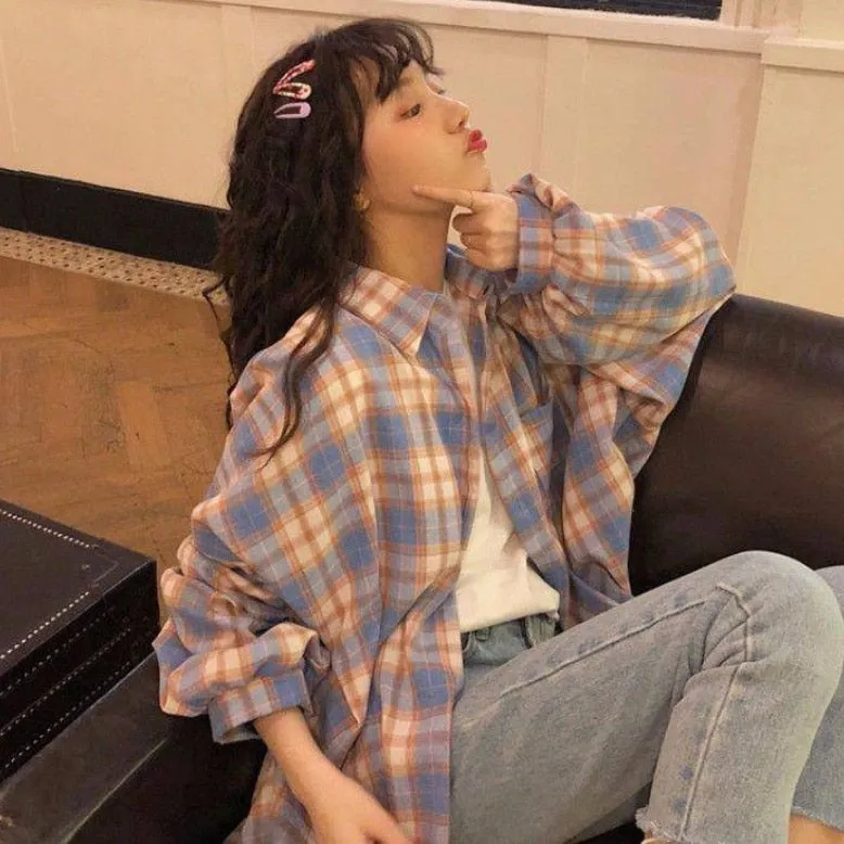Joskaa Shirts Women Plaid Long Sleeve Chic Loose Oversize Spring Summer Outwear Casual Womens Sun-proof BF Retro Harajuku Blouses New
