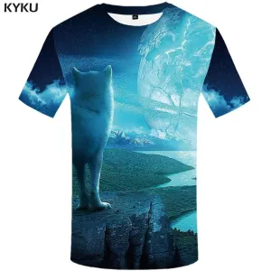 KYKU Wolf T-shirts Men Moon Tshirts Print Animal Tshirt Anime Mountain T-shirt 3d Galaxy T shirts Funny Mens Clothing Graphic