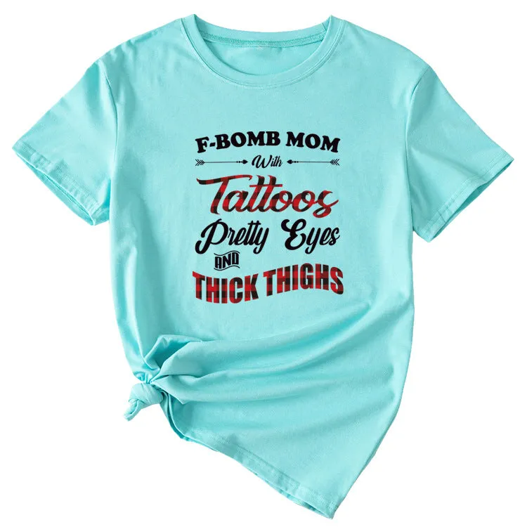 Large Women's Wear F-bomb Mom with Tattos Short-sleeved T-shirt
