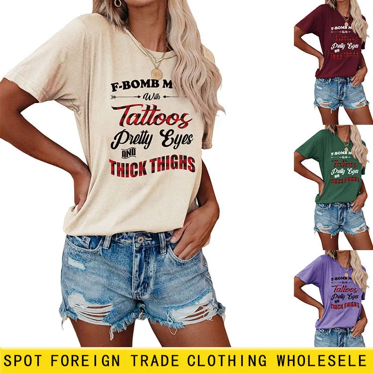 Large Women's Wear F-bomb Mom with Tattos Short-sleeved T-shirt