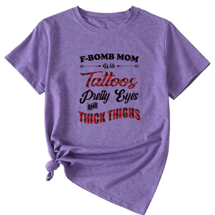 Large Women's Wear F-bomb Mom with Tattos Short-sleeved T-shirt