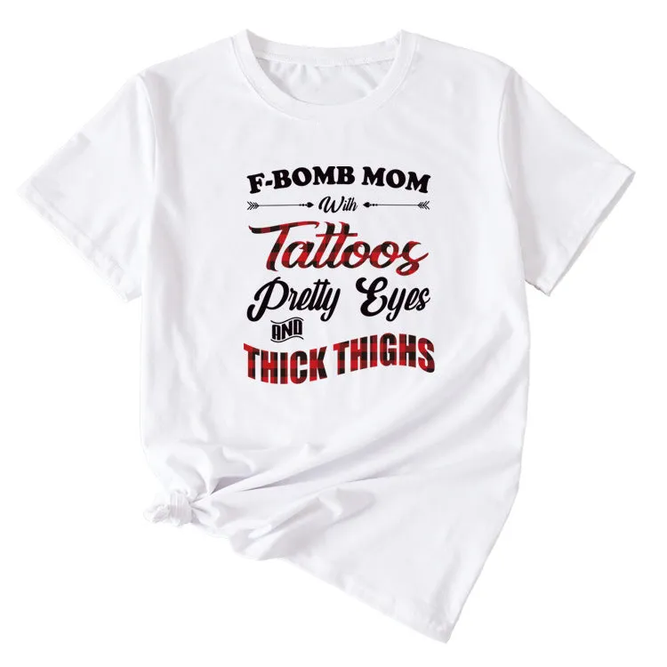 Large Women's Wear F-bomb Mom with Tattos Short-sleeved T-shirt