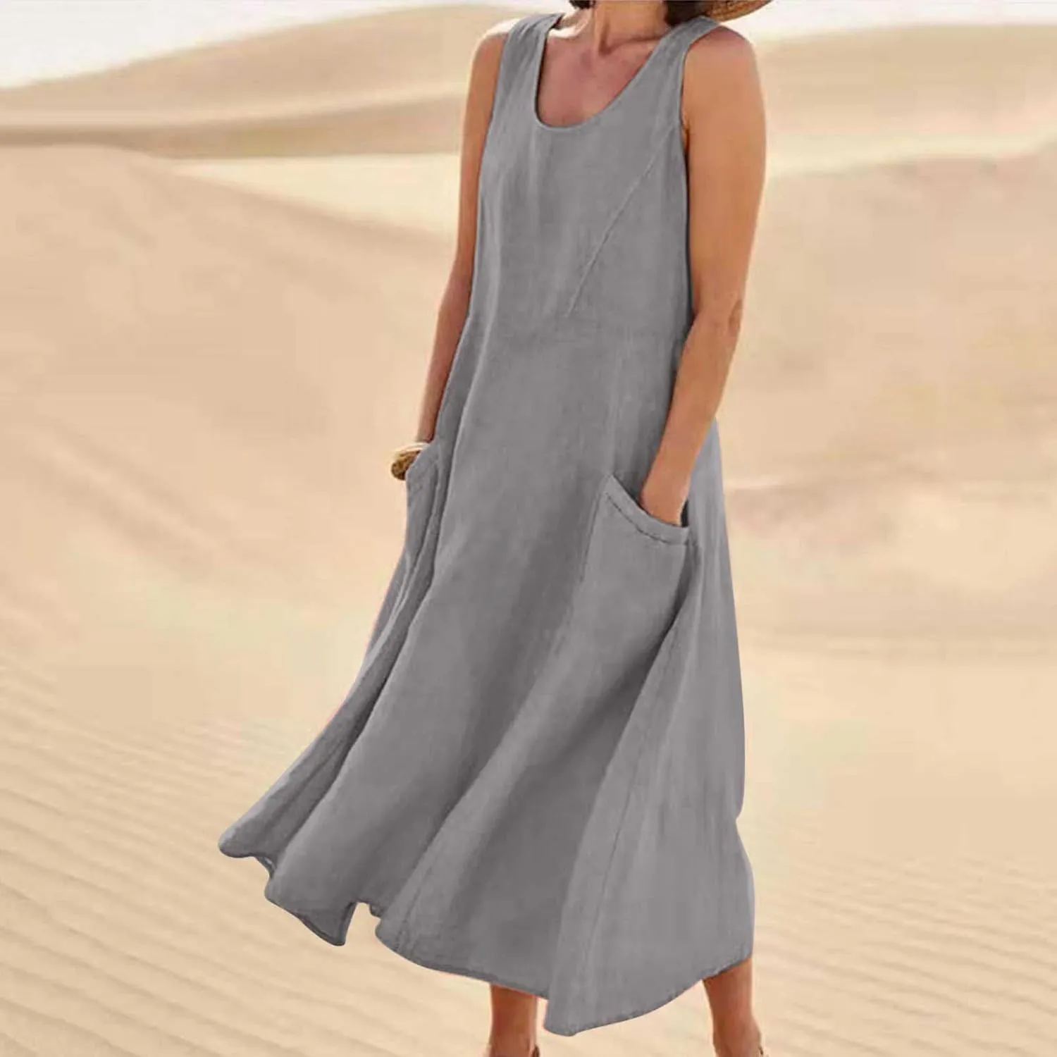 Linen Dress Women Summer Trendy Sleeveless Long Tank Dresses Plus Size Vacation Boho Beach Sundresses with Pockets