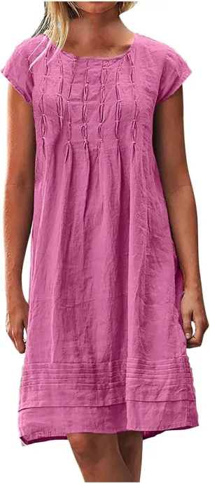 Linen Dresses for Women 2025 Casual Pleated Sundresses Loose Fit Solid Short Sleeve Mini Dress Beach Vacation Dress