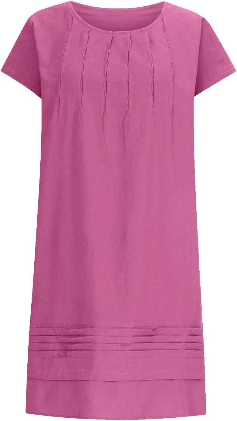 Linen Dresses for Women 2025 Casual Pleated Sundresses Loose Fit Solid Short Sleeve Mini Dress Beach Vacation Dress