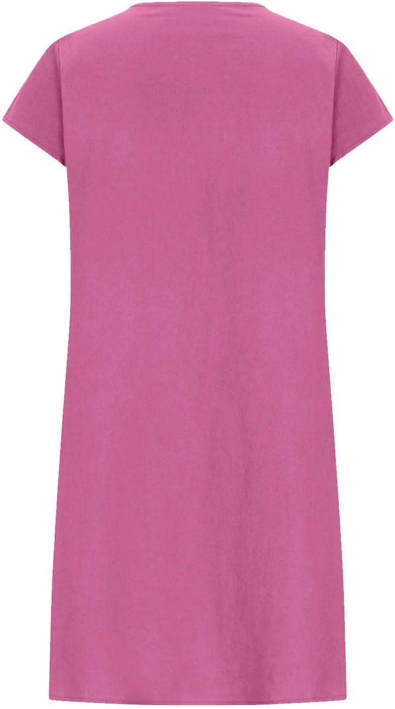 Linen Dresses for Women 2025 Casual Pleated Sundresses Loose Fit Solid Short Sleeve Mini Dress Beach Vacation Dress