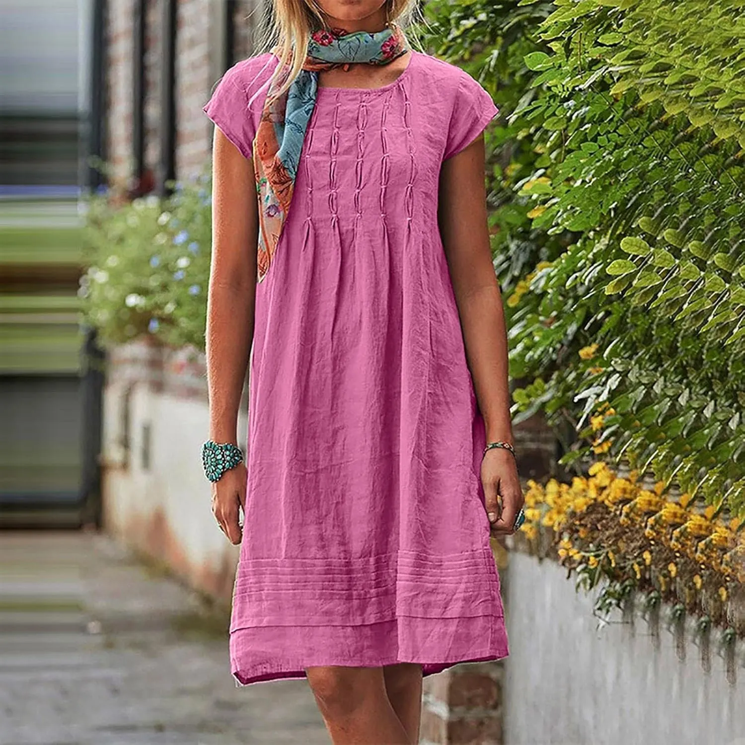Linen Dresses for Women 2025 Casual Pleated Sundresses Loose Fit Solid Short Sleeve Mini Dress Beach Vacation Dress