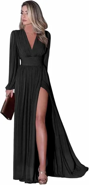 Long Sleeve Chiffon Bridesmaid Dresses for Women V Neck Empire Waist Pleated Long Evening Formal Dress with Slit