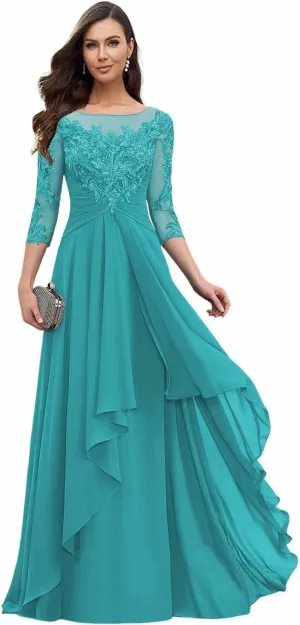 Long Sleeves Mother of The Bride Dresses for Wedding Jewel Lace Appliques Chiffon Formal Evening Gowns