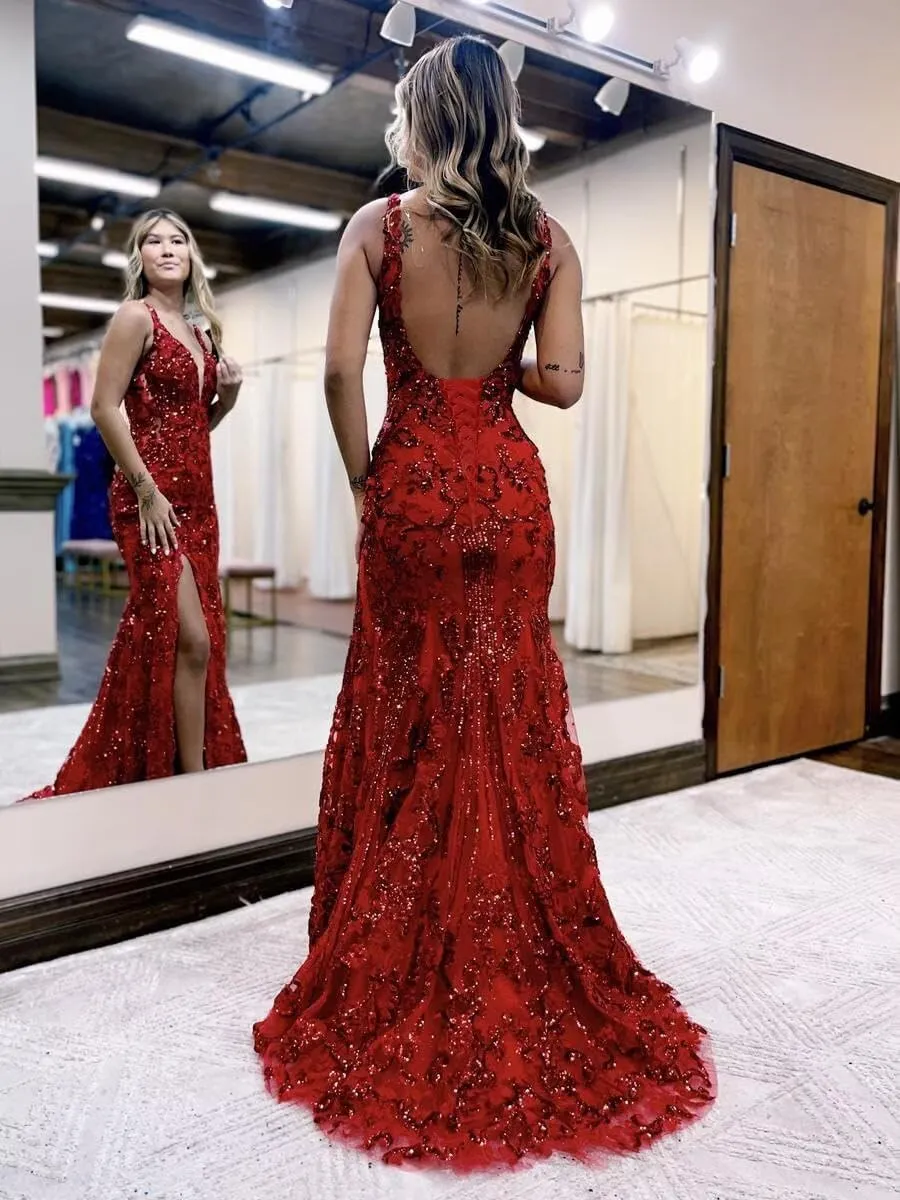 LORIE Sparkly Sequin Mermaid Prom Dresses for Women 2025 Long V Neck Applique Formal Evening Gown with Slit