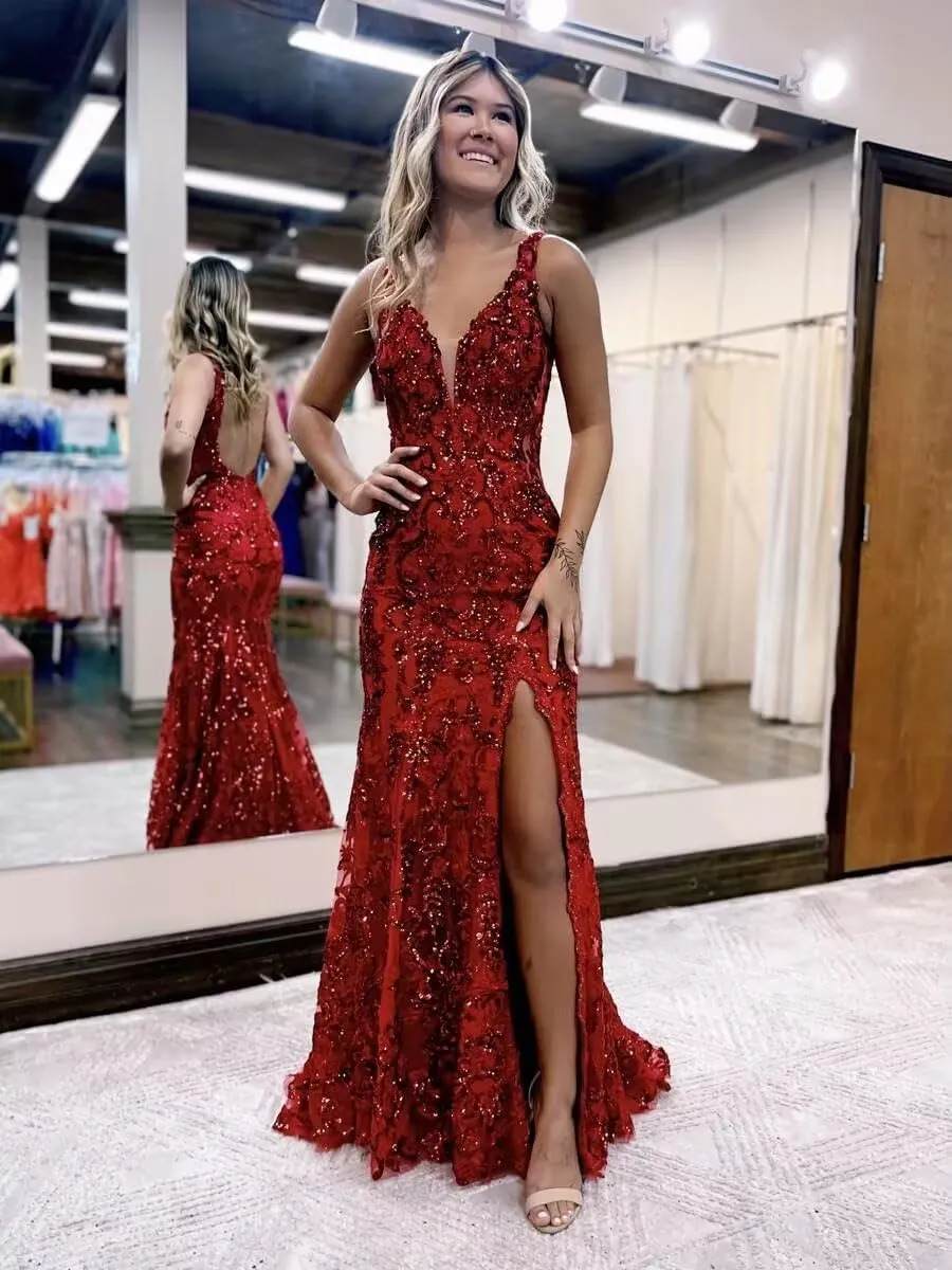 LORIE Sparkly Sequin Mermaid Prom Dresses for Women 2025 Long V Neck Applique Formal Evening Gown with Slit